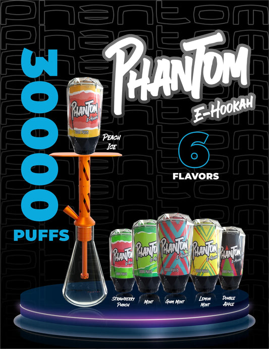 Promotional graphic for Phantom E-Hookah with a smoking device and multiple bottles on a black background.